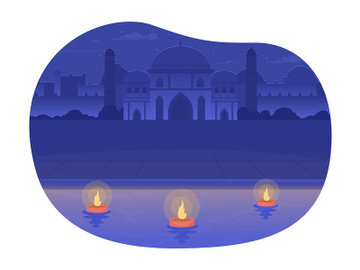 Jal Mahal palace and floating diyas 2D vector isolated illustration preview picture