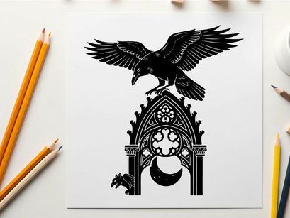 Silhouette of a crow perched on a gothic archway with crescent moon