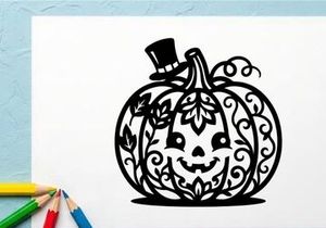 Halloween Pumpkin with Carved Face and Top Hat for Fall Decor