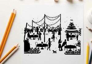 Silhouette of people at an outdoor party with cake