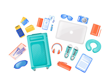 Travel essentials flat color vector objects set preview picture