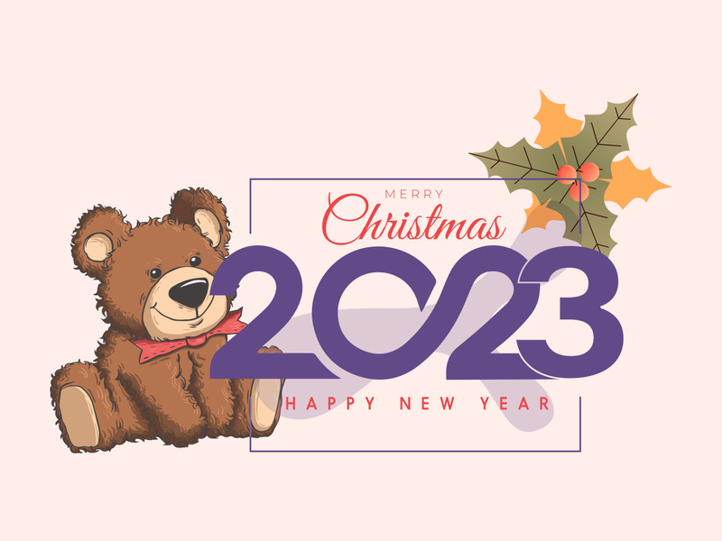 Cartoon Bear happy new year 2023, merry christmas poster and banner.