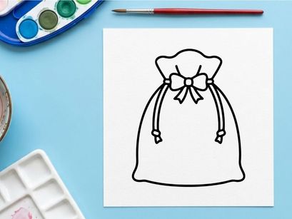 Weihnachtsgeschenk-Sack-Symbol. Weihnachtsmann-Präsentbeutel mit Schleifenband-Linienillustration.