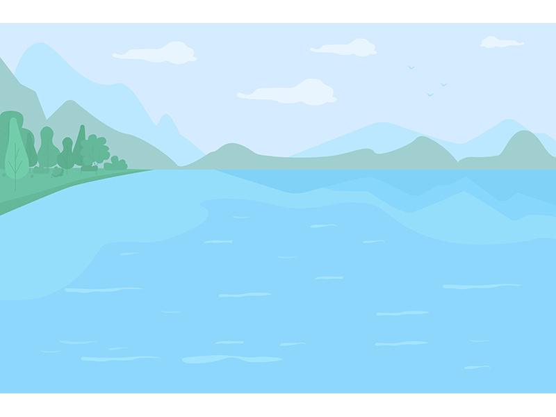 Large lake surrounded by hills flat color vector illustration