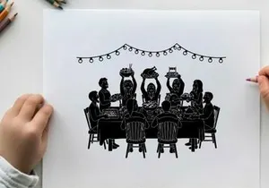 Silhouette of people celebrating with food and lights at a dinner table