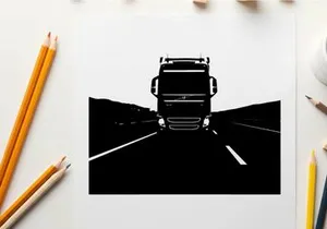 Silhouette of a large truck driving on a highway