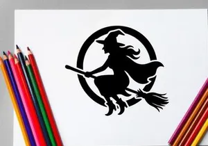 Silhouette of a witch flying on a broomstick at night with full moon