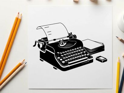 Vintage typewriter silhouette with paper and ribbon