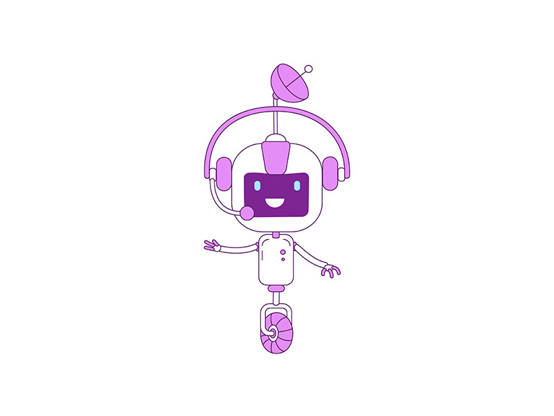 Cute modern robot with operator headset violet linear object