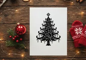 Siluet pohon Natal hitam dengan permen tongkat dan bintang terisolasi di latar belakang putih.