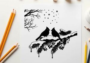 Silhouette of two birds on snowy pine branch with stars