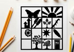 Silhouette of various objects in a grid pattern