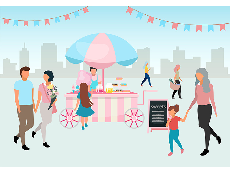 Sweets and cotton candy food cart flat illustration