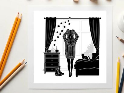 Woman in silhouette standing by window with curtains and cat on bed