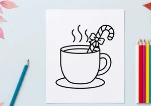 Hot holiday coffee cup with steam and festive floral decoration for Christmas morning