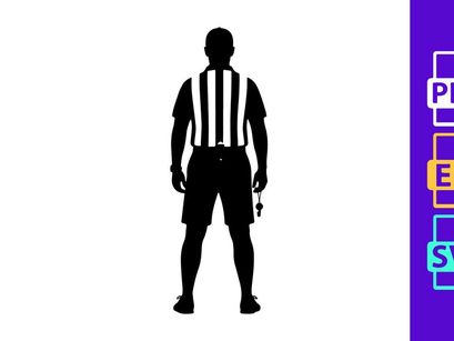 Silhouette of a football referee in uniform holding a whistle