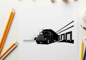 Silhouette of a semi truck parked beside a warehouse at sunrise