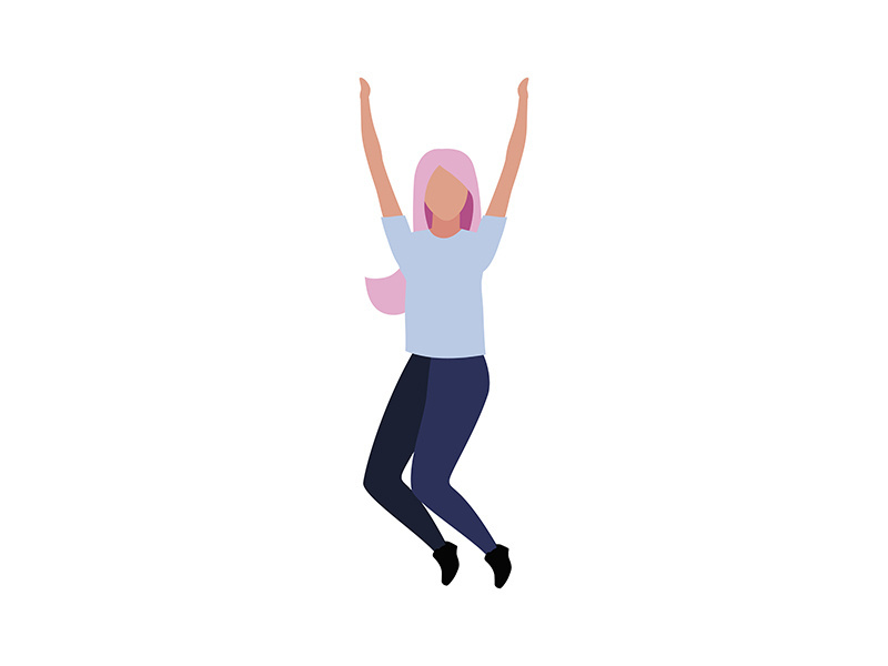 Young woman jumps for joy semi flat color vector character