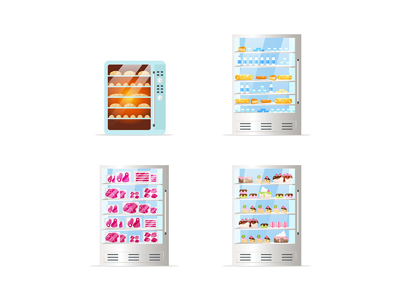 Commercial fridges flat color vector objects set