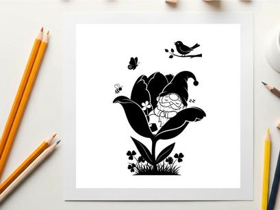 Silhouette of a smiling gnome in a flower with a bird and butterflies