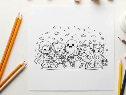 Halloween kids group trick or treat vector illustration