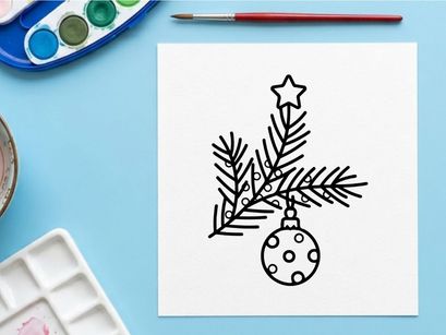 Christmas tree branch with hanging bauble ornament and star icon line art illustration