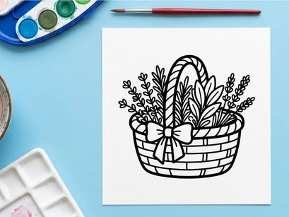 Wicker basket with herbs and flowers. Line art illustration of a floral gift basket.