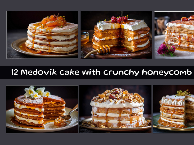 Medovik cake with crunchy honeycomb pieces