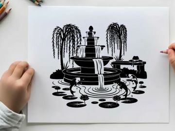 Silhouette of a serene fountain with koi fish and trees preview picture