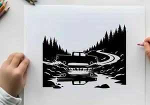 Silhouette of a pickup truck crossing a bridge over a stream