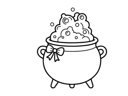 Cauldron with bubbles line art. Witch pot icon with foam for Halloween design.