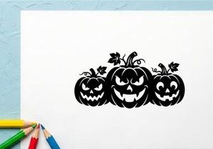 Silhouettes of three carved Halloween pumpkins with vines and leaves