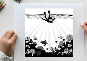 Silhouette of scuba diver exploring coral reef with sea turtle