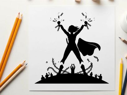 Silhouette of a woman in a cape standing triumphantly