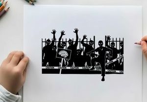 Silhouette of a man standing in front of a group of raised silhouettes behind a fence silhouette