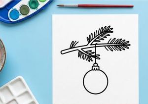 Christmas bauble hanging on a pine tree branch line art illustration isolated on white.