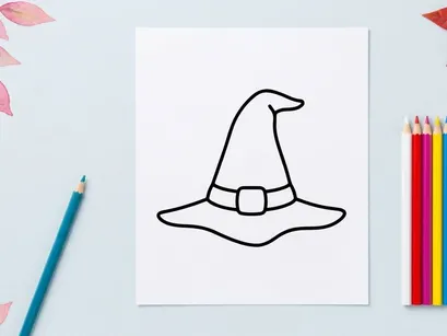 Einfache Hexenhut-Illustration für Halloween-Design. Minimalistischer schwarz-weißer Zaubererhut-Vektorgrafik.