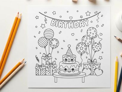 Birthday party celebration with cake and balloons vector illustration