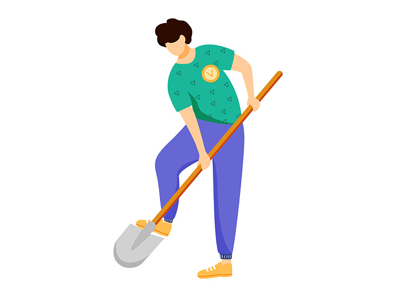 Volunteer working with shovel flat vector illustration