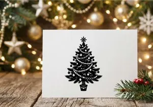 Ilustração de árvore de Natal em preto e branco com enfeites e estrela em fundo branco