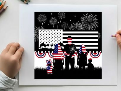 Patriotic family silhouette watching fireworks on american independence day