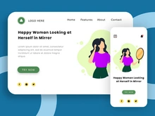 Happy Woman Looking at Herself in Mirror