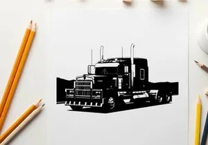Silhouette of a large semi truck on a white background