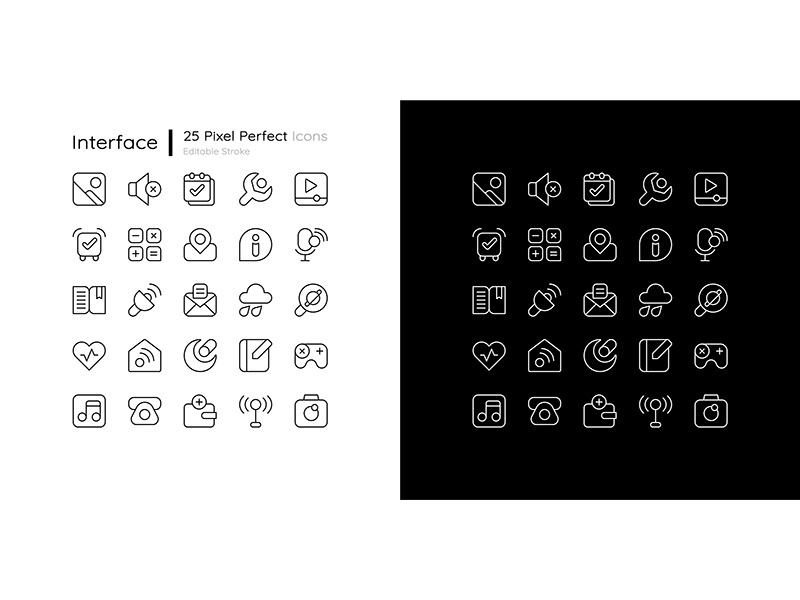 Interface pixel perfect linear icons set for dark and light mode