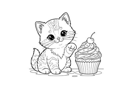 Cute kitten with cupcake vector illustration flat design