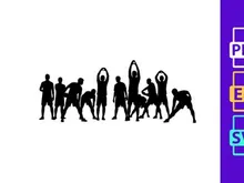 Group of people practicing yoga in various poses in a line