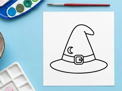 Topi kartun penyihir atau penyihir dengan bulan sabit dan bintang. Alas kepala sihir klasik untuk Halloween, permainan, atau tema magis.