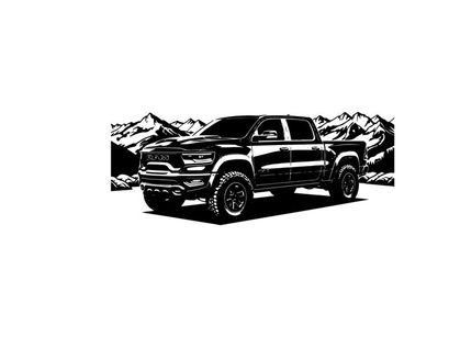 Silhouette of a pickup truck in front of mountains