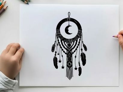 Silhouette dreamcatcher with crescent moon and feathers silhouette