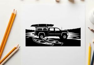Silhouette of a pickup truck with kayaks on a serene lake shore